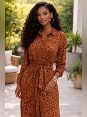 Nine West Brown Leopard Print Long Sleeve Dress